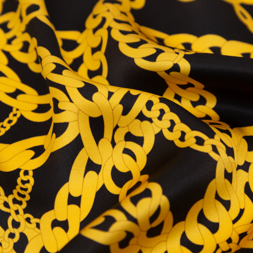 Mood Exclusive Italian Black and Gold Chains Digitally Printed Silk Charmeuse