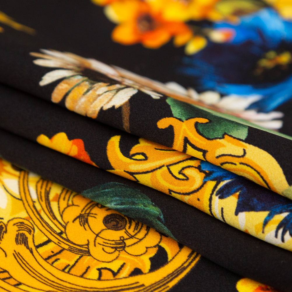 Mood Exclusive Italian Black and Gold Ornate Floral Digitally Printed Silk Charmeuse