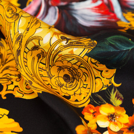 Mood Exclusive Italian Black and Gold Ornate Floral Digitally Printed Silk Charmeuse