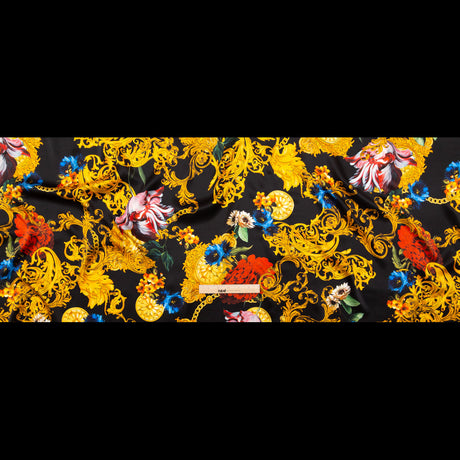 Mood Exclusive Italian Black and Gold Ornate Floral Digitally Printed Silk Charmeuse