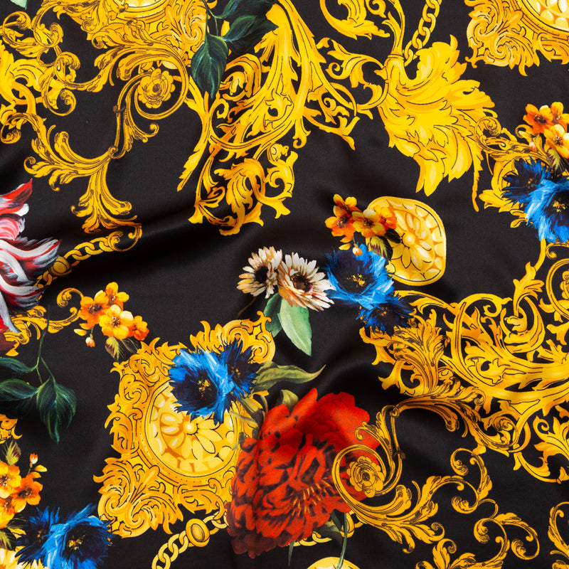 Mood Exclusive Italian Black and Gold Ornate Floral Digitally Printed Silk Charmeuse
