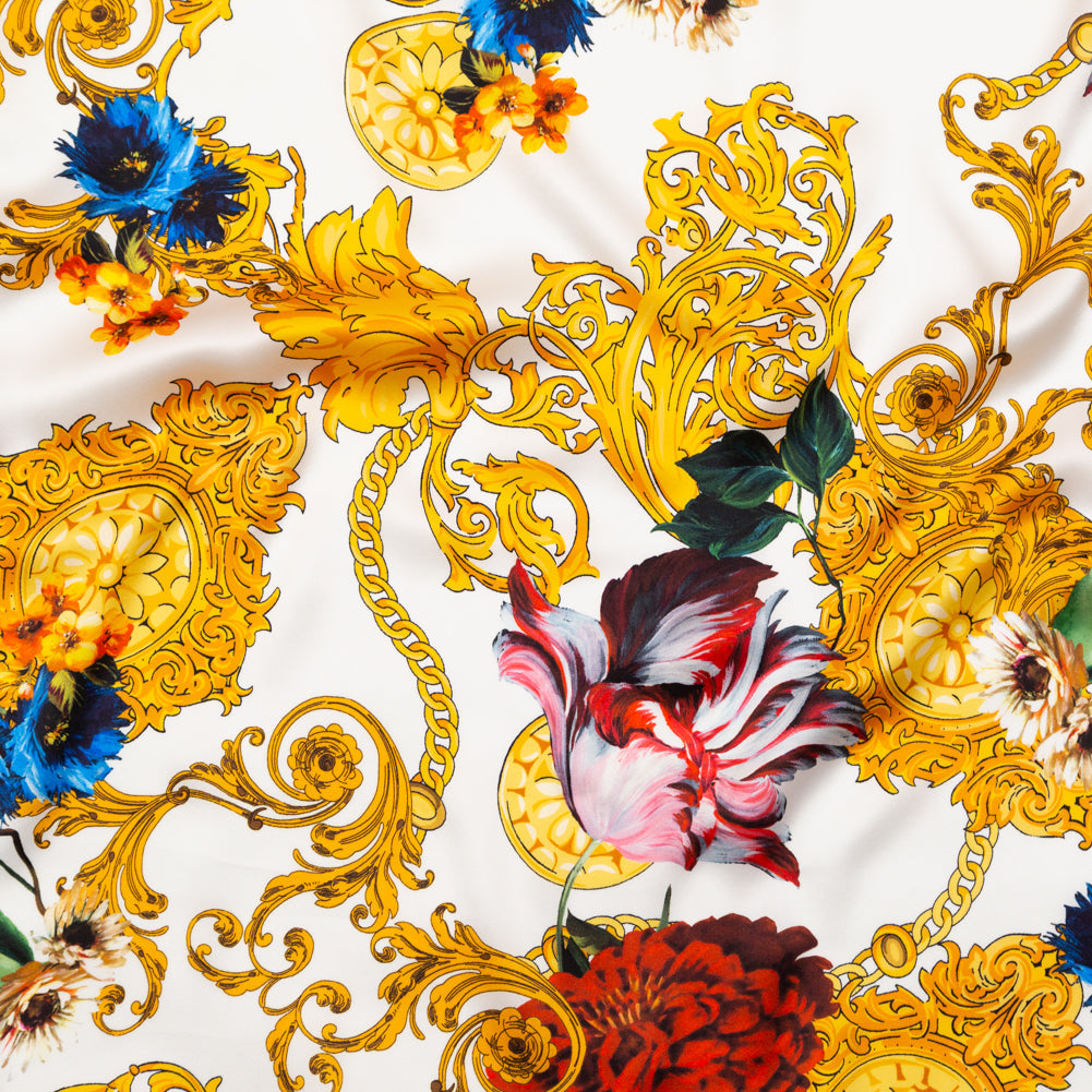 Mood Exclusive Italian White and Gold Ornate Floral Digitally Printed Silk Charmeuse