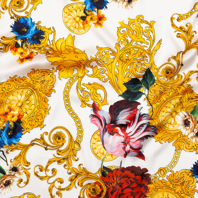 Mood Exclusive Italian White and Gold Ornate Floral Digitally Printed Silk Charmeuse