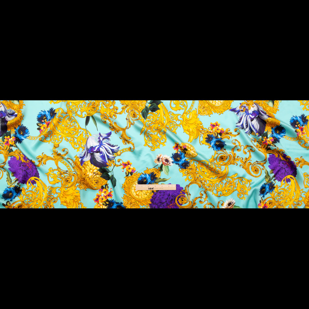 Mood Exclusive Italian Turquoise and Gold Ornate Floral Digitally Printed Silk Charmeuse