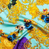 Mood Exclusive Italian Turquoise and Gold Ornate Floral Digitally Printed Silk Charmeuse