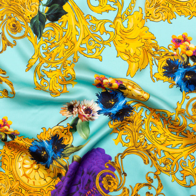 Mood Exclusive Italian Turquoise and Gold Ornate Floral Digitally Printed Silk Charmeuse