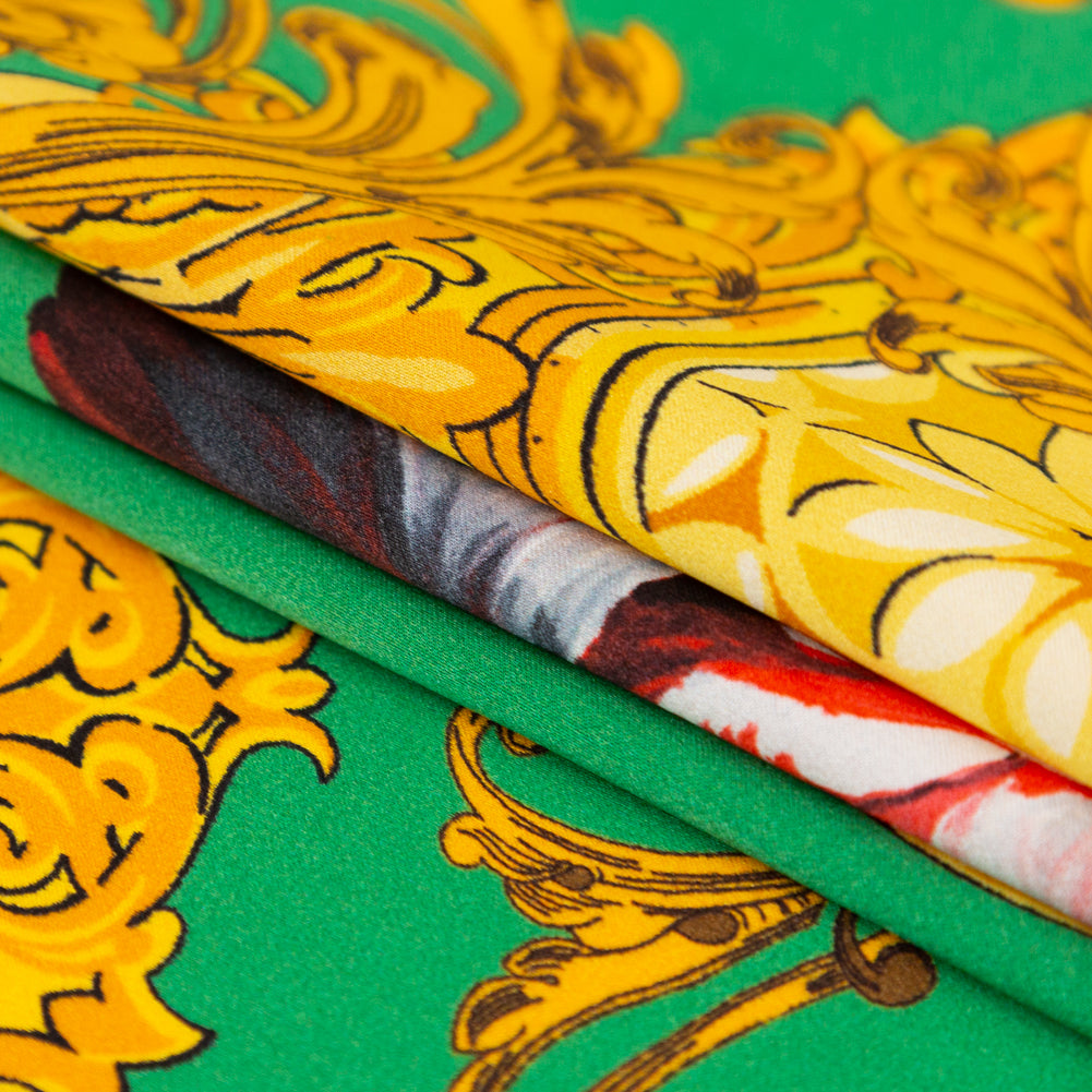 Mood Exclusive Italian Kelly Green and Gold Ornate Floral Digitally Printed Silk Charmeuse