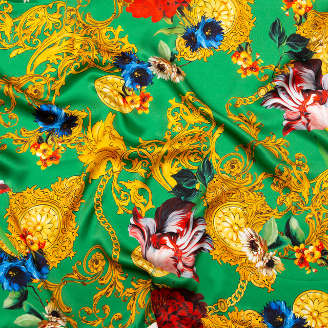 Mood Exclusive Italian Kelly Green and Gold Ornate Floral Digitally Printed Silk Charmeuse