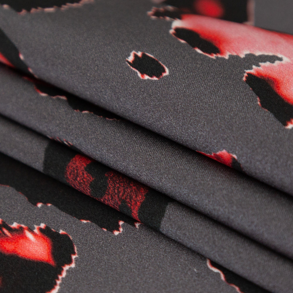 Mood Exclusive Italian Gray and Red Abstract Digitally Printed Silk Charmeuse