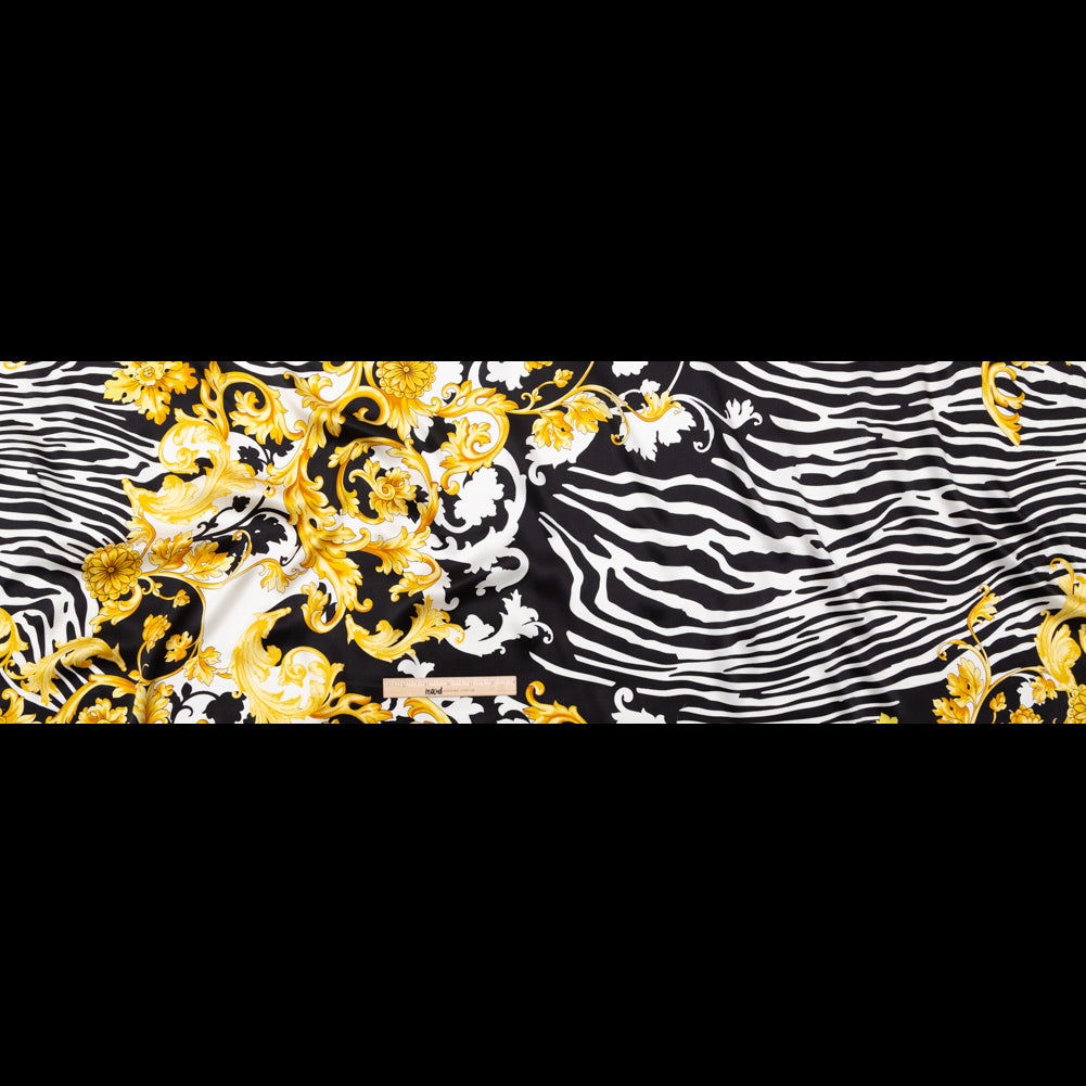 Mood Exclusive Italian Black, White and Gold Ornate Zebra Digitally Printed Silk Charmeuse