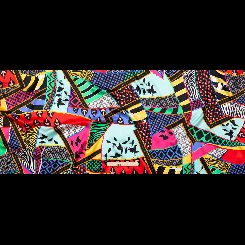 Mood Exclusive Italian Multicolor Patchwork Pattern Play Digitally Printed Silk Charmeuse