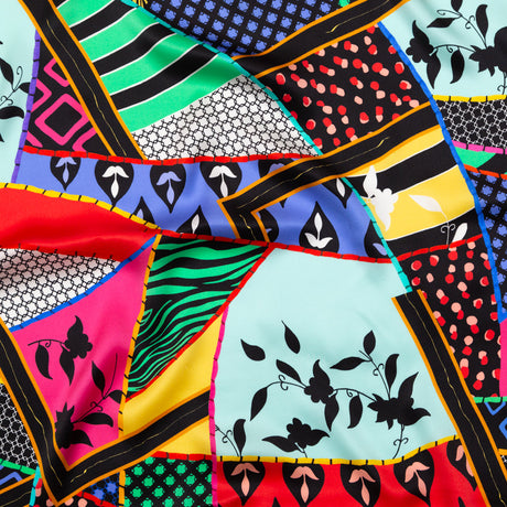 Mood Exclusive Italian Multicolor Patchwork Pattern Play Digitally Printed Silk Charmeuse