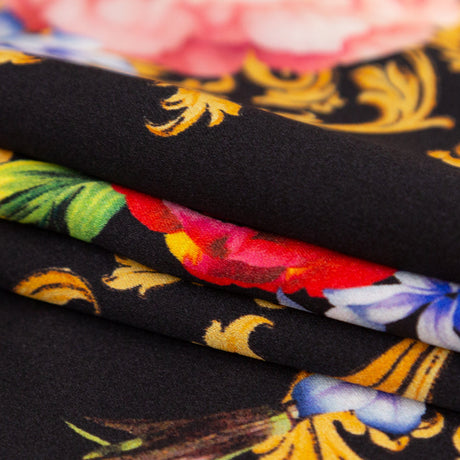 Mood Exclusive Italian Black, Faded Rose and Harvest Gold Ornate Floral Digitally Printed Silk Charmeuse