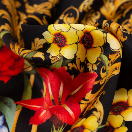 Mood Exclusive Italian Black, Faded Rose and Harvest Gold Ornate Floral Digitally Printed Silk Charmeuse