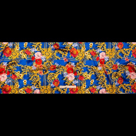 Mood Exclusive Italian Blue, Red and Gold Ornate Floral Digitally Printed Silk Charmeuse