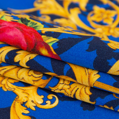Mood Exclusive Italian Blue, Red and Gold Ornate Floral Digitally Printed Silk Charmeuse