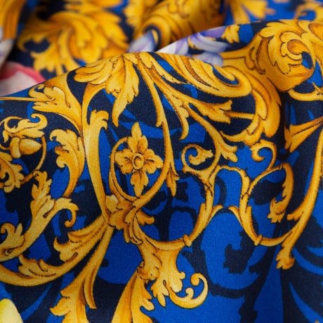 Mood Exclusive Italian Blue, Red and Gold Ornate Floral Digitally Printed Silk Charmeuse