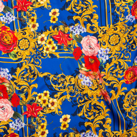 Mood Exclusive Italian Blue, Red and Gold Ornate Floral Digitally Printed Silk Charmeuse