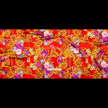 Mood Exclusive Italian Red, Gold and Purple Ornate Floral Digitally Printed Silk Charmeuse