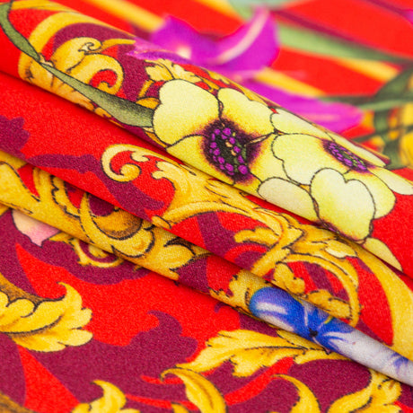 Mood Exclusive Italian Red, Gold and Purple Ornate Floral Digitally Printed Silk Charmeuse