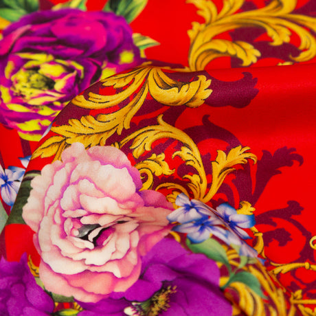 Mood Exclusive Italian Red, Gold and Purple Ornate Floral Digitally Printed Silk Charmeuse