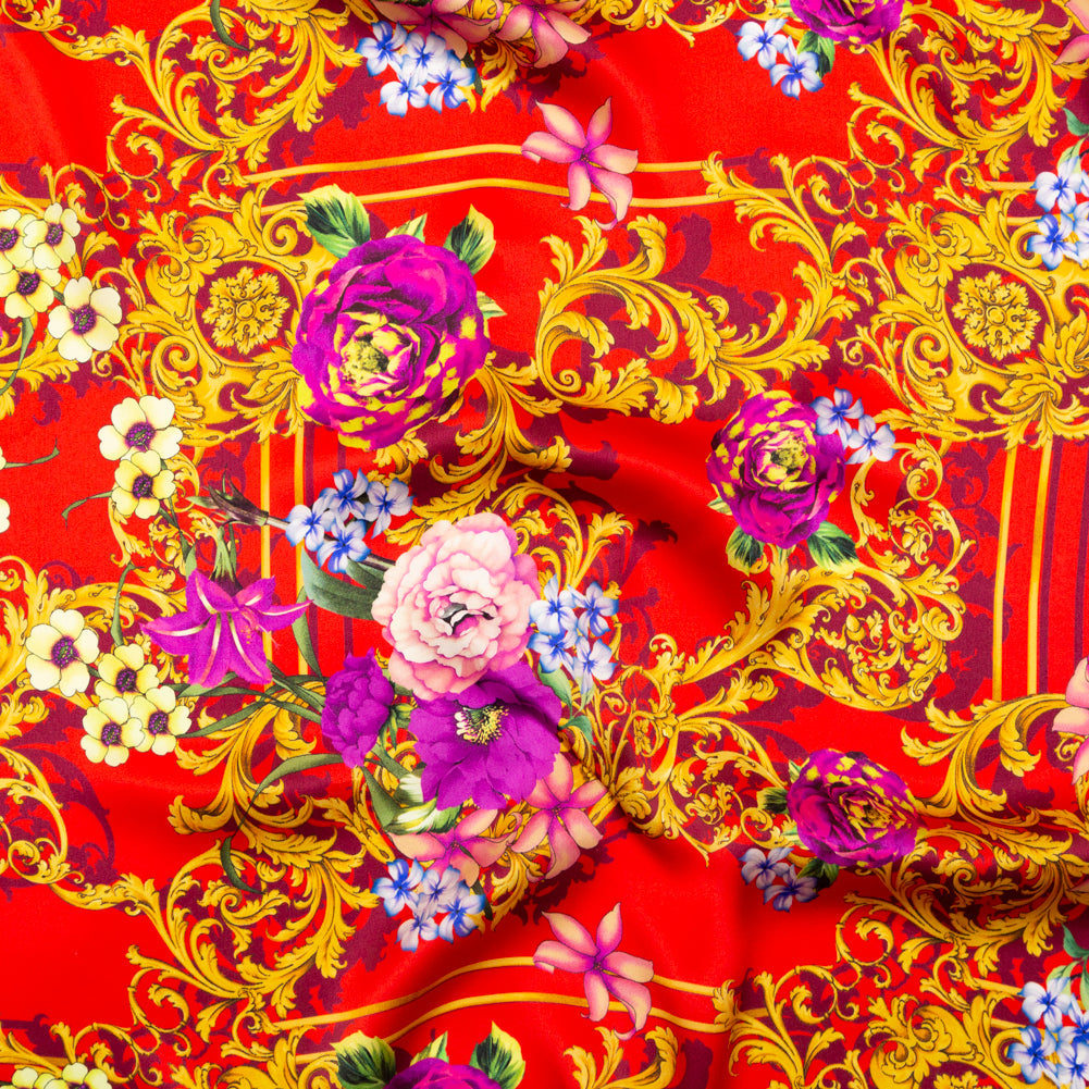 Mood Exclusive Italian Red, Gold and Purple Ornate Floral Digitally Printed Silk Charmeuse