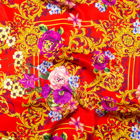 Mood Exclusive Italian Red, Gold and Purple Ornate Floral Digitally Printed Silk Charmeuse