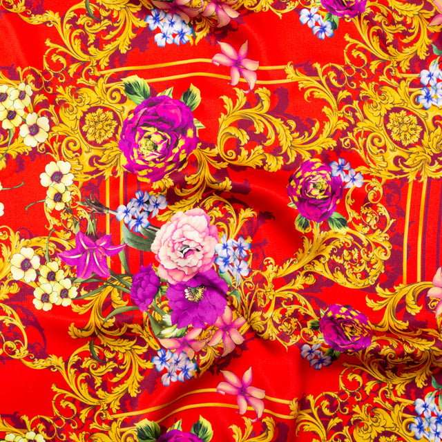 Mood Exclusive Italian Red, Gold and Purple Ornate Floral Digitally Printed Silk Charmeuse