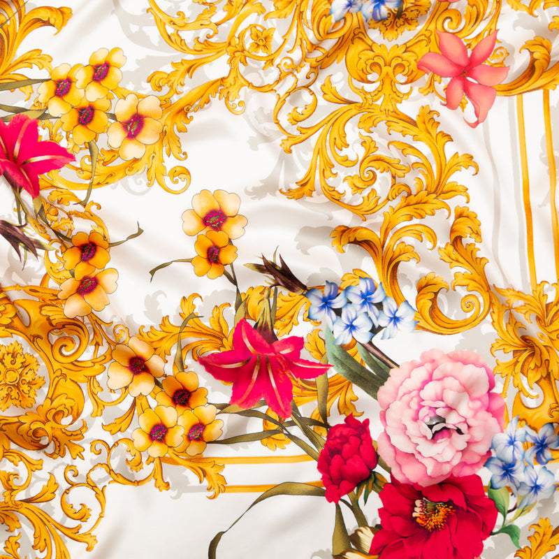 Mood Exclusive Italian White, Blush and Gold Ornate Floral Digitally Printed Silk Charmeuse