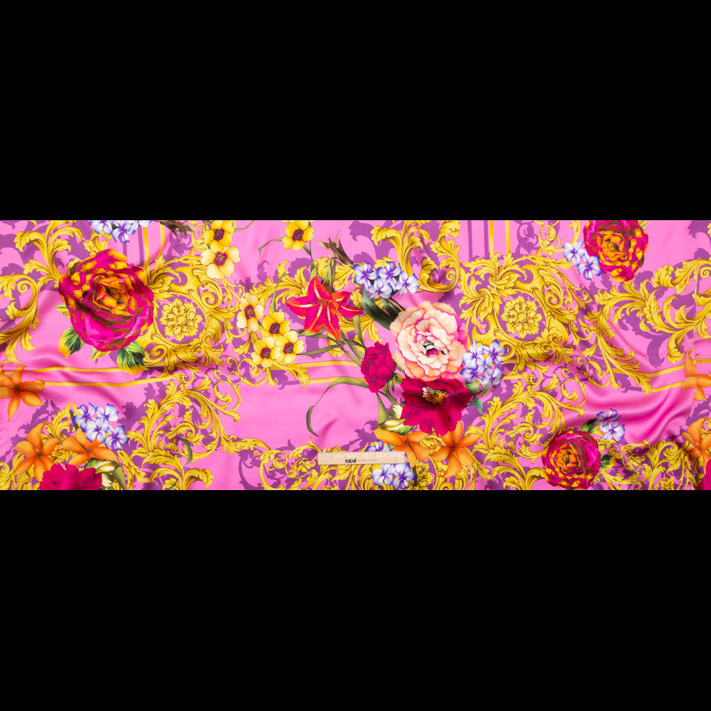Mood Exclusive Italian Pink and Gold Ornate Floral Digitally Printed Silk Charmeuse