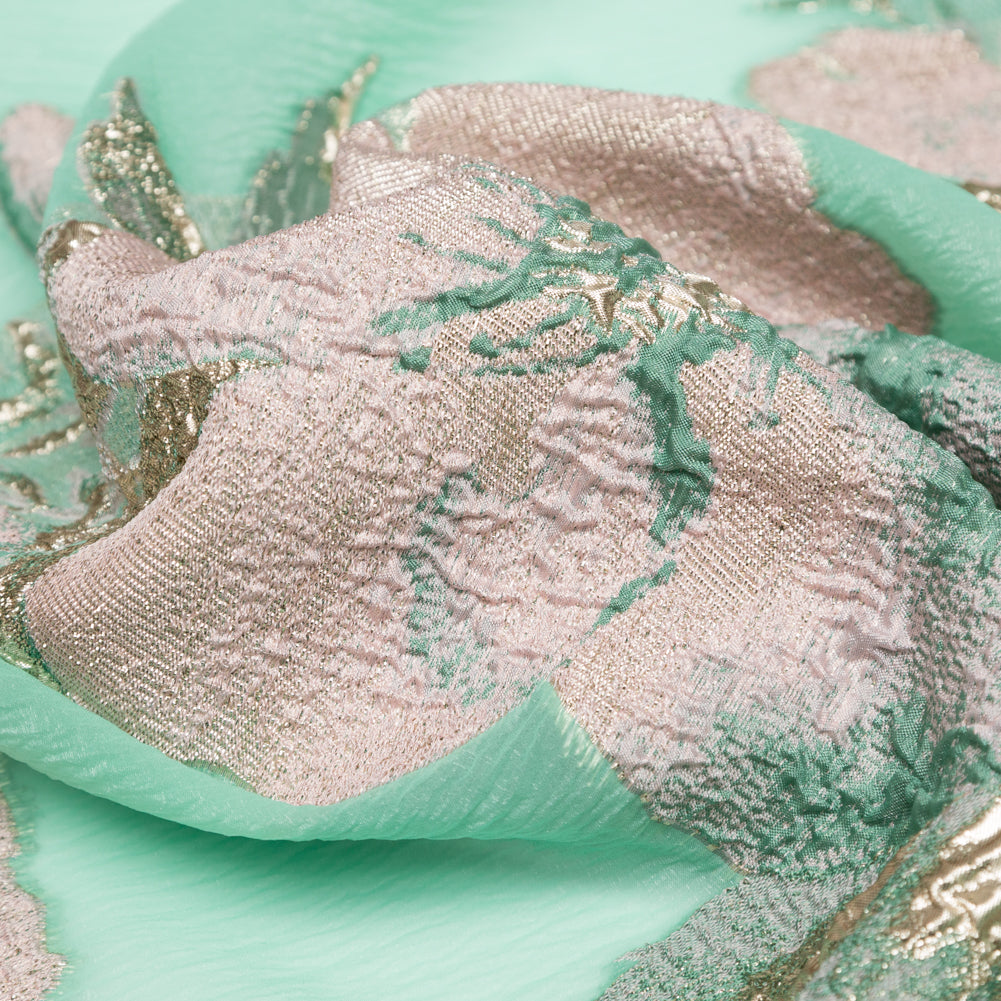 Metallic Bright Gold, Green Spruce, Adobe Rose and Lily Pad Floral Luxury Organza Brocade