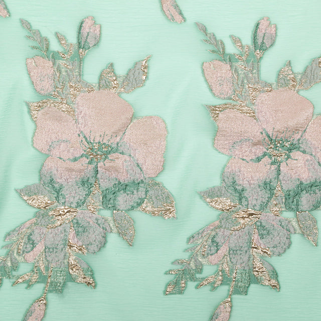 Metallic Bright Gold, Green Spruce, Adobe Rose and Lily Pad Floral Luxury Organza Brocade