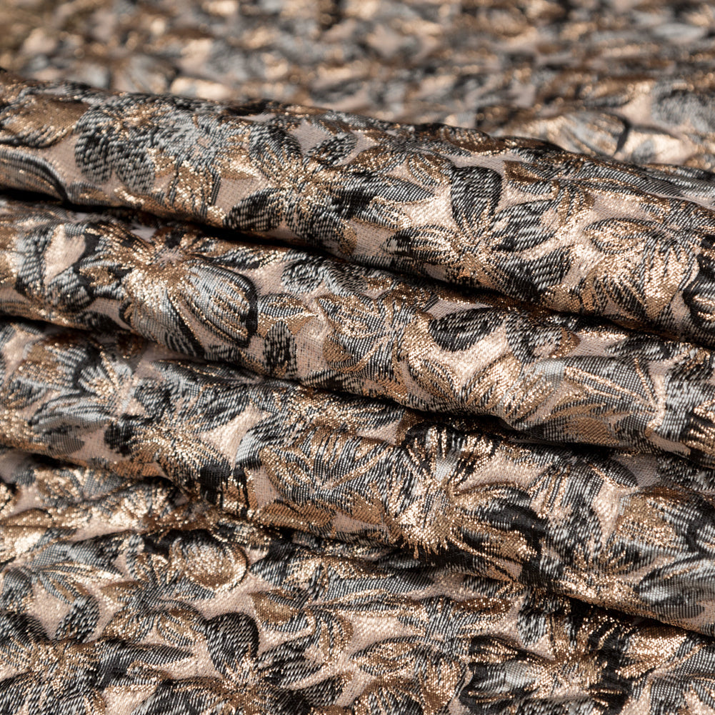 Metallic Antique Bronze, Portabella, Flint Gray and Black Floral Luxury Brocade
