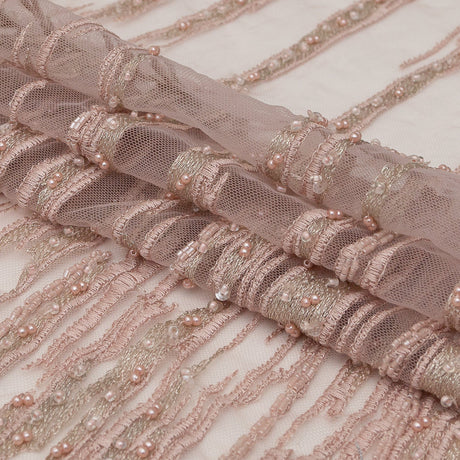 3D Embroidered Lace with Beads and Scalloped Edges - Metallic Etherea Pink Abstract