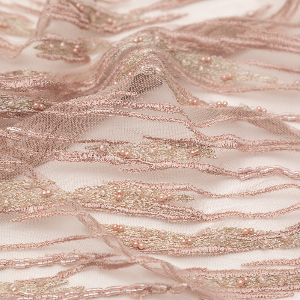 3D Embroidered Lace with Beads and Scalloped Edges - Metallic Etherea Pink Abstract