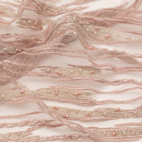 3D Embroidered Lace with Beads and Scalloped Edges - Metallic Etherea Pink Abstract