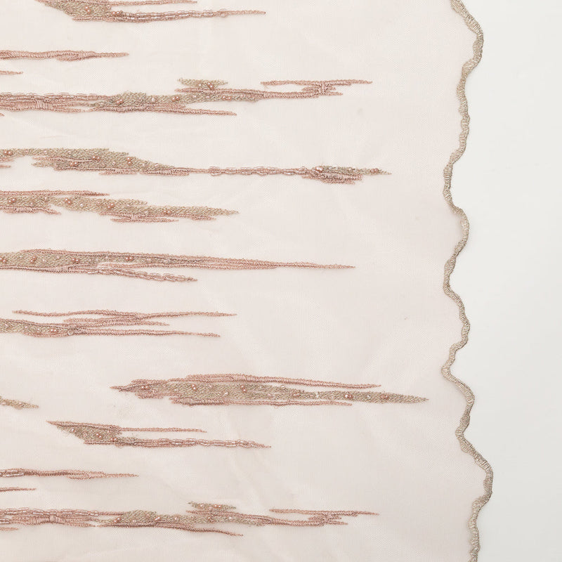 3D Embroidered Lace with Beads and Scalloped Edges - Metallic Etherea Pink Abstract