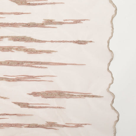 3D Embroidered Lace with Beads and Scalloped Edges - Metallic Etherea Pink Abstract
