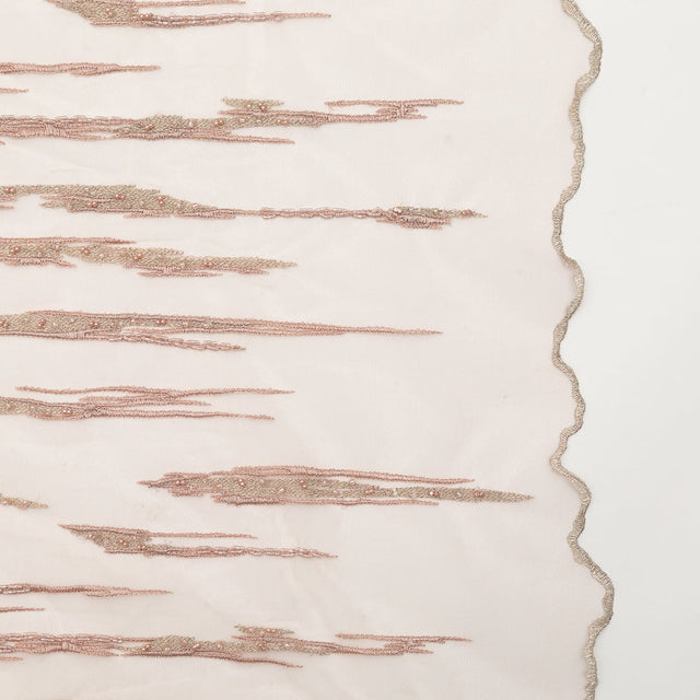 3D Embroidered Lace with Beads and Scalloped Edges - Metallic Etherea Pink Abstract
