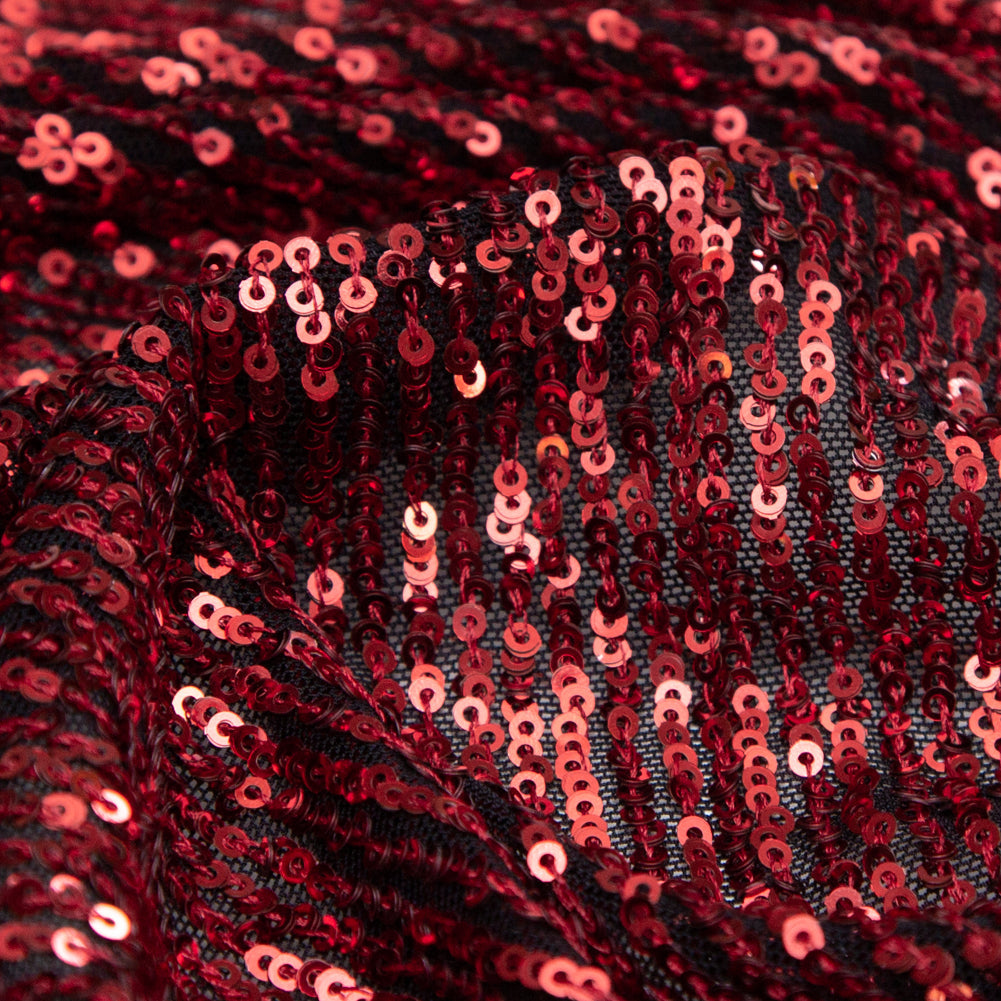 Red Striped Baby Sequins on Black Stretch Mesh