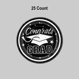 25 Count Black Congrats Grad Paper Dessert Plates Disposable Graduation Party Supplies