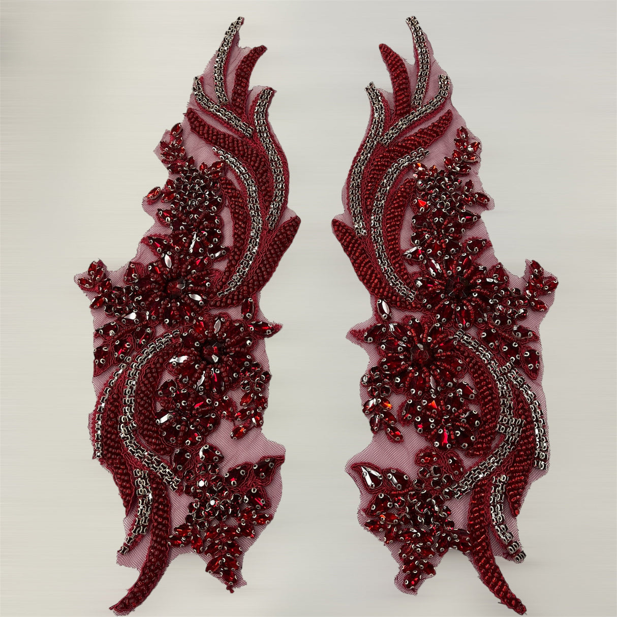 Rhinestone Applique Floral Lace Pair 14" x 4"