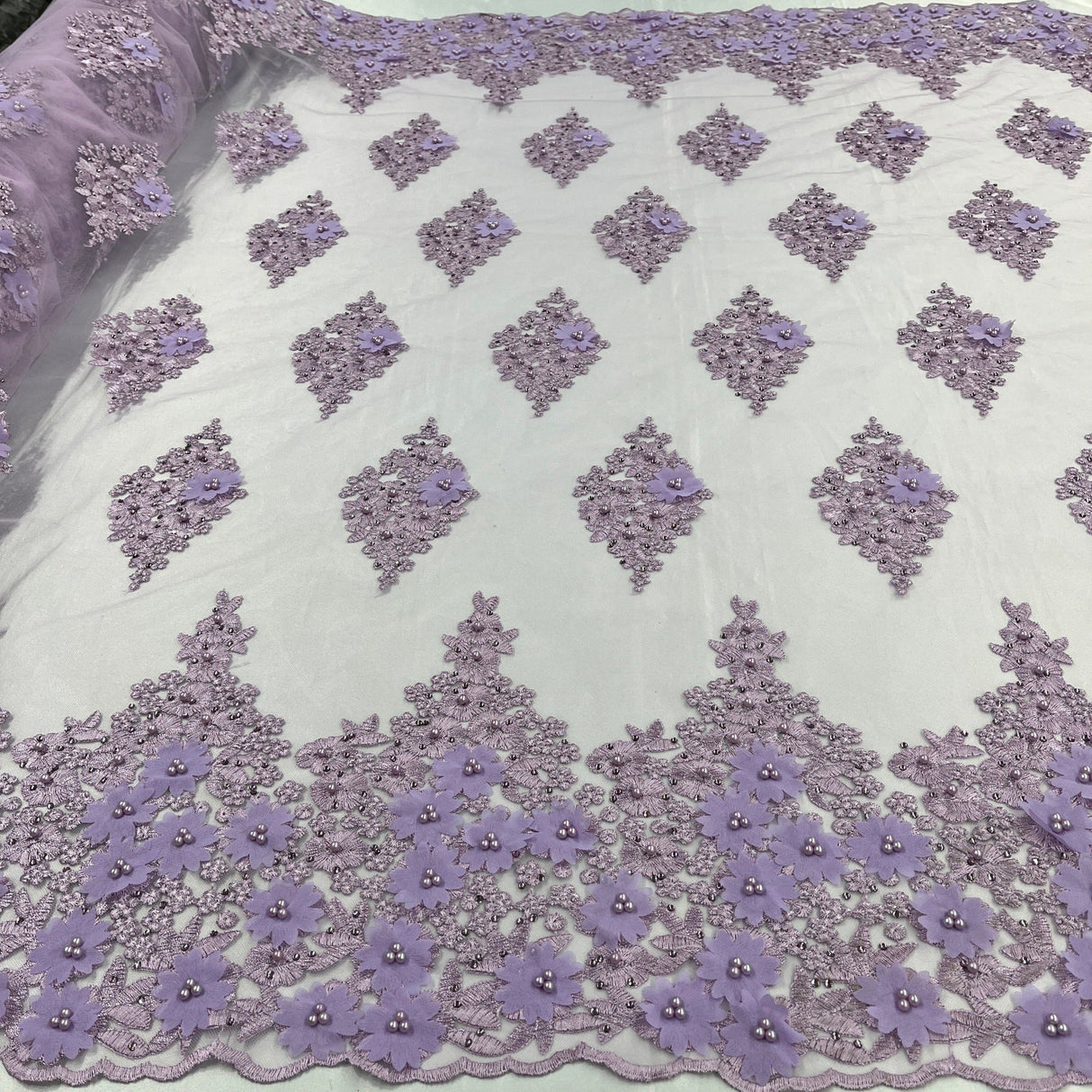 Beaded 3D Floral Lace Polyester Fabric - Off White, Gold, Silver, Lt. Blue, 52" Wide (1 Yard)