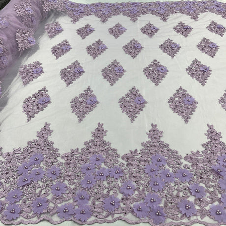 Beaded 3D Floral Lace Polyester Fabric - Off White, Gold, Silver, Lt. Blue, 52" Wide (1 Yard)