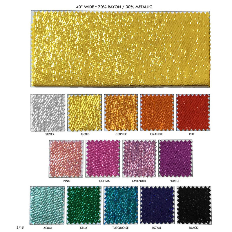 Satin Lame Polyester Metallic Fabric - Black, Copper, Fuchsia, Gold, Kelly, Lavender, Orange, Purple, Red, Royal, Silver, Turquoise, 44" Width (1 Yard)