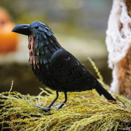 Standing Metal Crow Halloween Decoration for Yard and Porch Display, stands upright for an eerie Halloween yard display