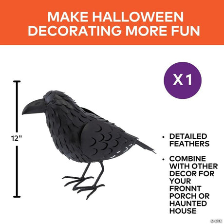 Standing Metal Crow Halloween Decoration for Yard and Porch Display, stands upright for an eerie Halloween yard display