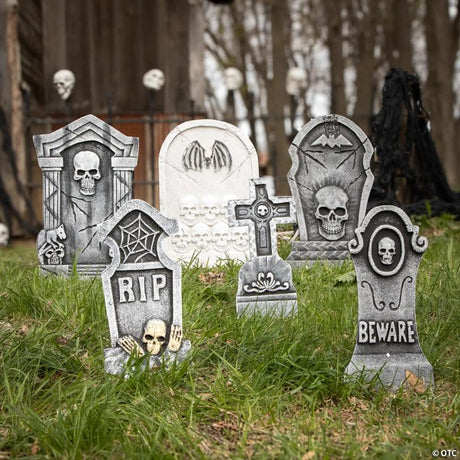 Bat and Skull Foam Tombstone Halloween Decoration Set for Yard, showing a detailed skeletal bone design