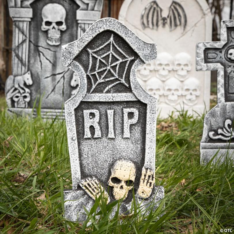 12" - 19" Bat & Skull Foam Tombstone Halloween Decorations Set – 6 Pc.