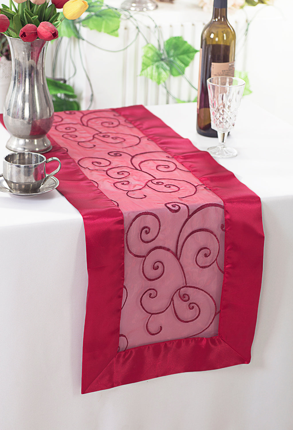 Embroidered Organza Table Runner 12.75x108 Apple Red